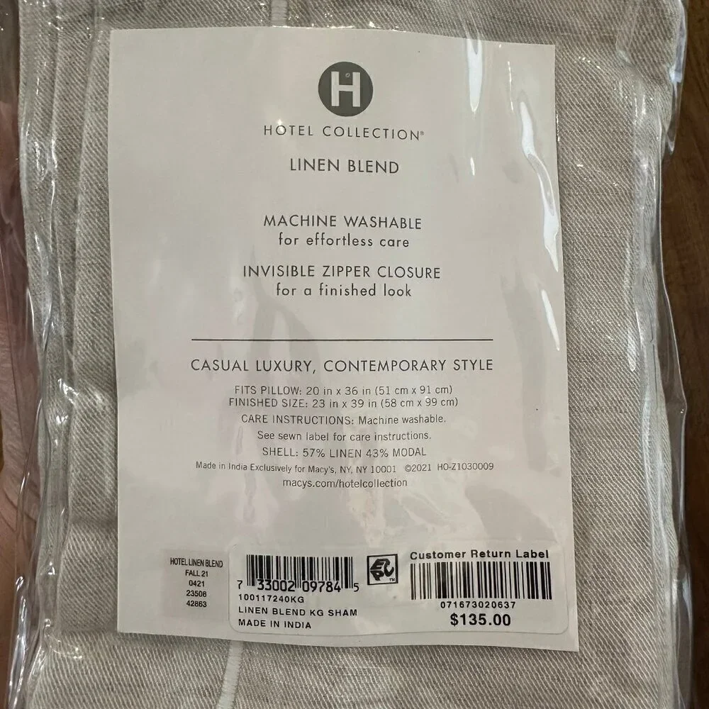 NWT Hotel Collection natural linen king pillow sham
